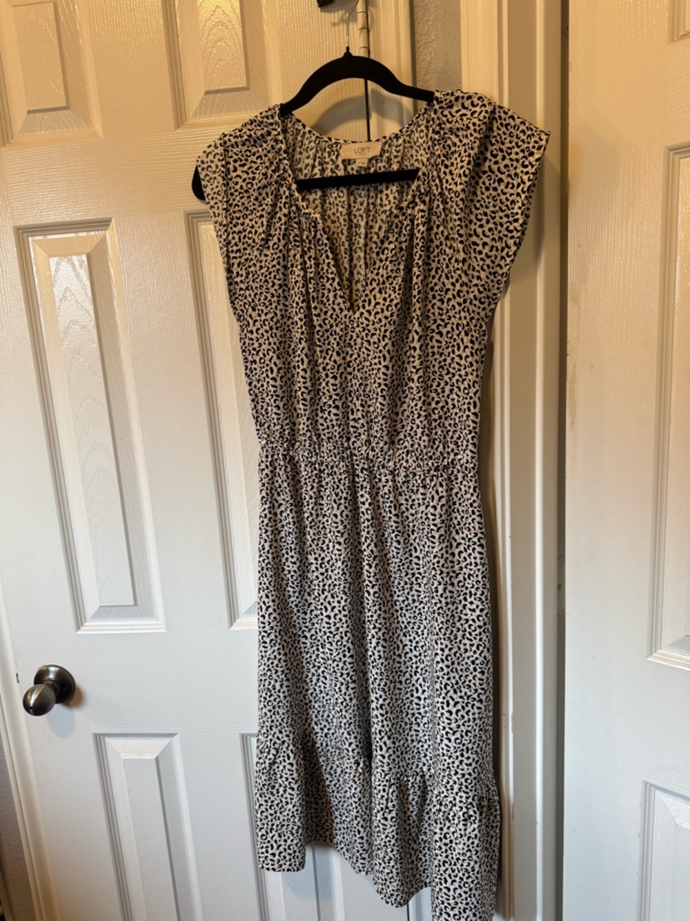 LOFT Black and White Leopard-Print V-Neck Midi Dress